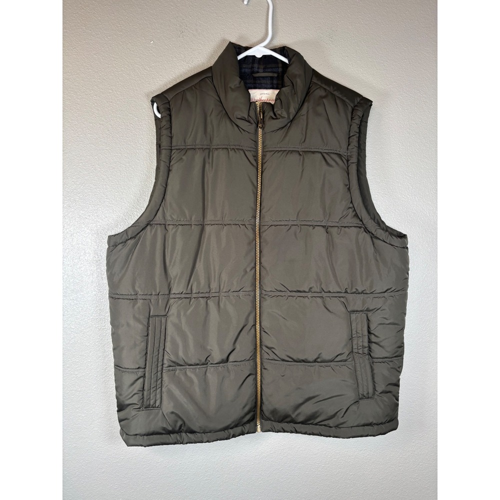 Weatherproof Vintage Mens XL Puffer Vest Olive Green Plaid Flannel Lined 1421807